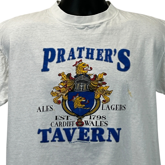 Vintage Prathers Tavern Cardiff Wales T Shirt Mens L Large White 90s Welsh USA - Picture 1 of 15